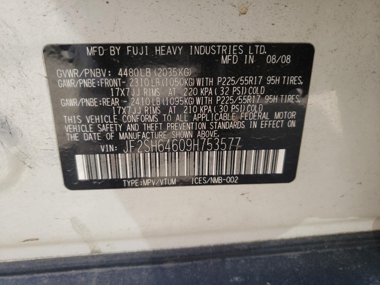 Photo 10 from auction – 2009 SUBARU FORESTER 2 with VIN JF2SH64609H753577
