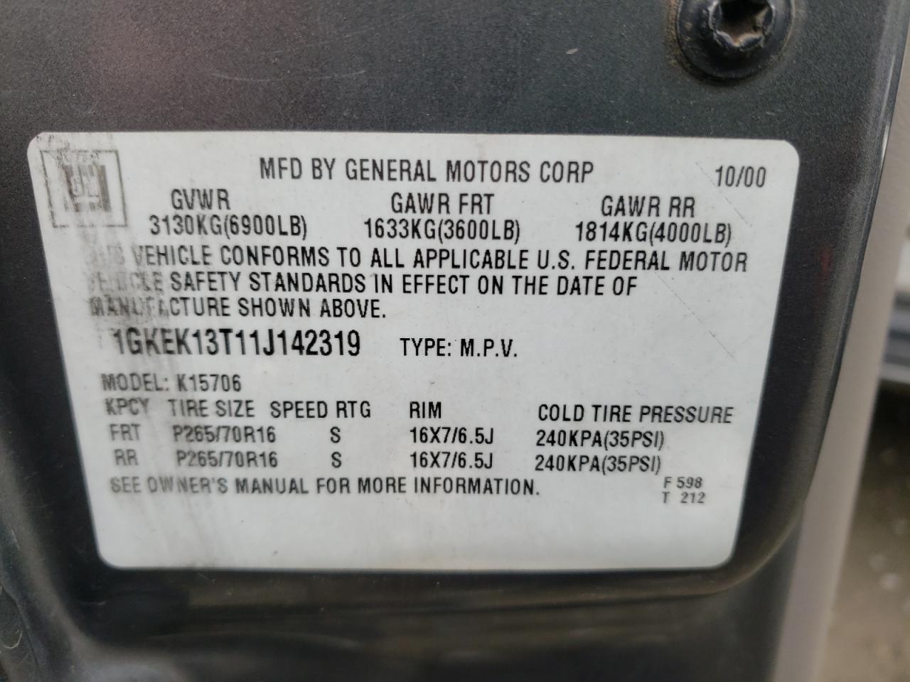 Photo 10 from auction – 2001 GMC YUKON with VIN 1GKEK13T11J142319