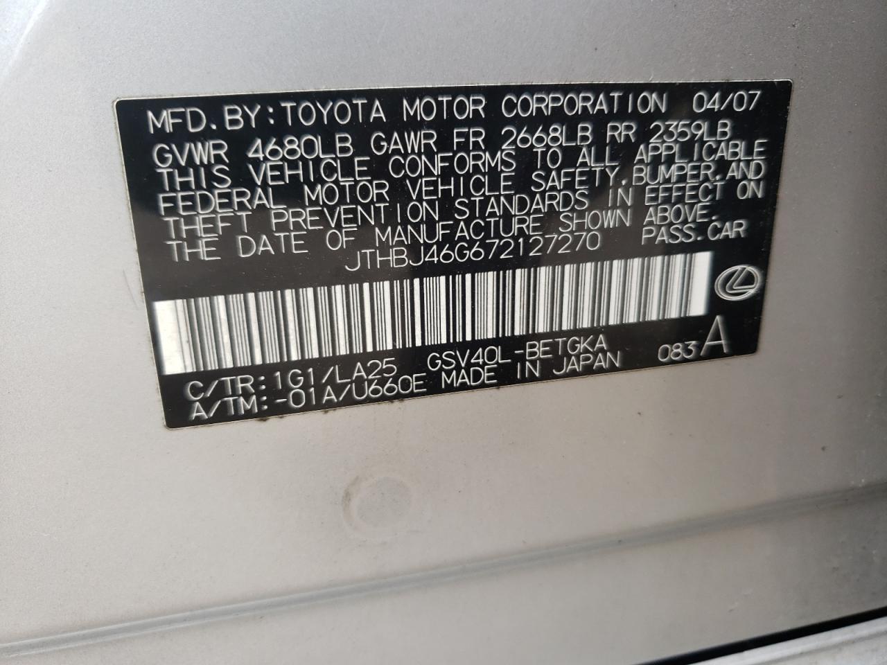 Photo 10 from auction – 2007 LEXUS ES 350 with VIN JTHBJ46G672127270