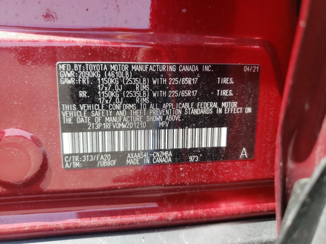 Photo 10 from auction – 2021 TOYOTA RAV4 XLE with VIN 2T3P1RFV0MW201210