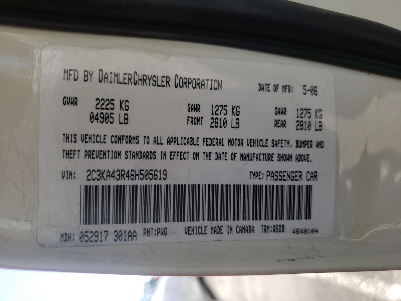 Photo 10 from auction – 2006 CHRYSLER 300 with VIN 2C3KA43R46H505619