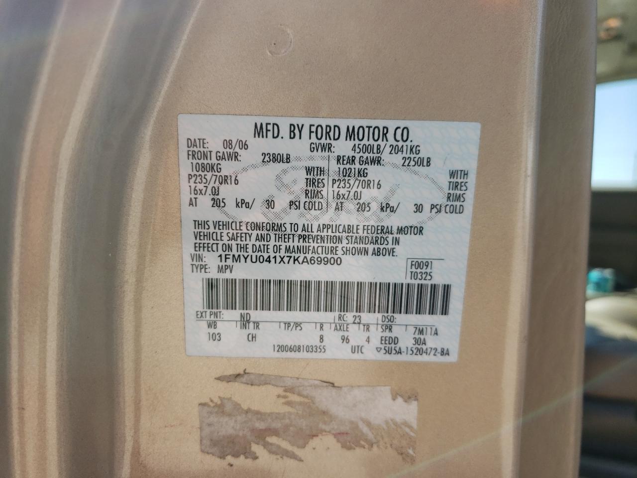 Photo 10 from auction – 2007 FORD ESCAPE LIM with VIN 1FMYU041X7KA69900