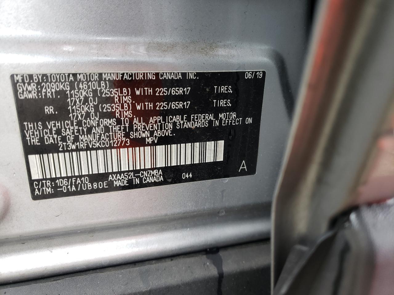 Photo 10 from auction – 2019 TOYOTA RAV4 XLE with VIN 2T3W1RFV5KC012773