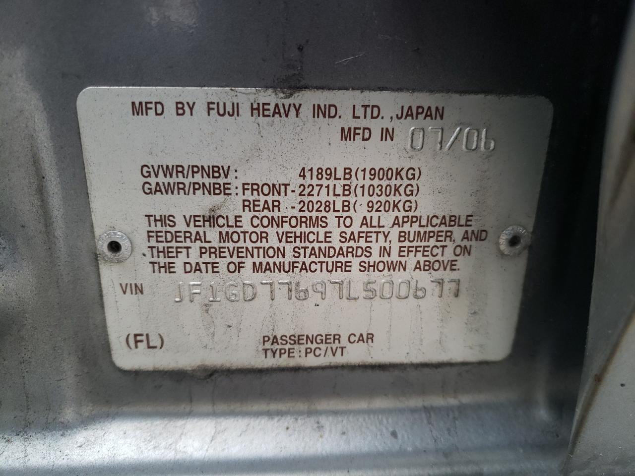 Photo 10 from auction – 2007 SUBARU IMPREZA WR with VIN JF1GD77697L500677