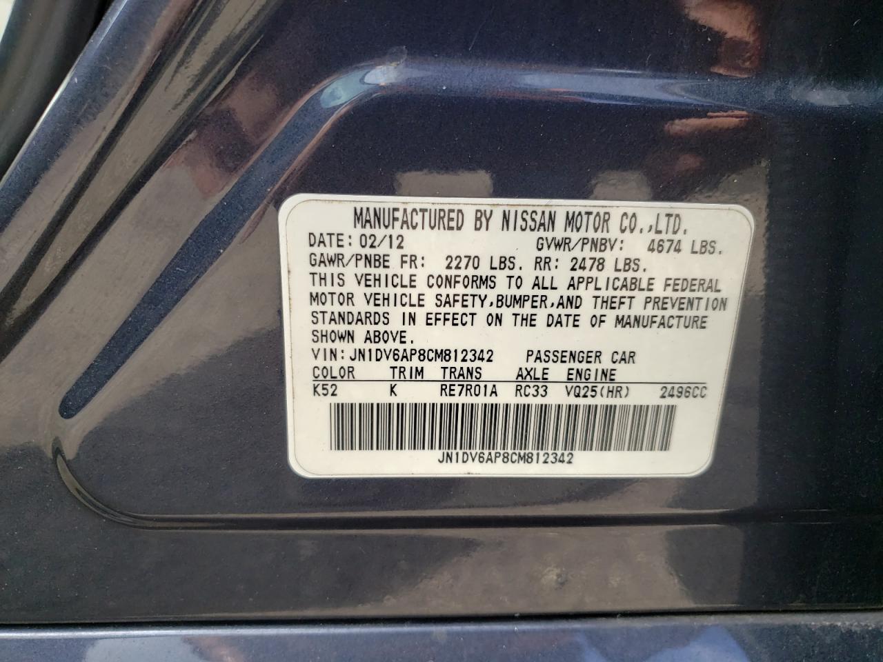 Photo 10 from auction – 2012 INFINITI G25 BASE with VIN JN1DV6AP8CM812342