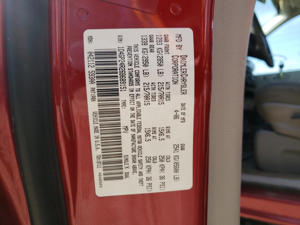 Photo 10 from auction – 2006 DODGE GRAND CARA with VIN 1D4GP24R26B689151