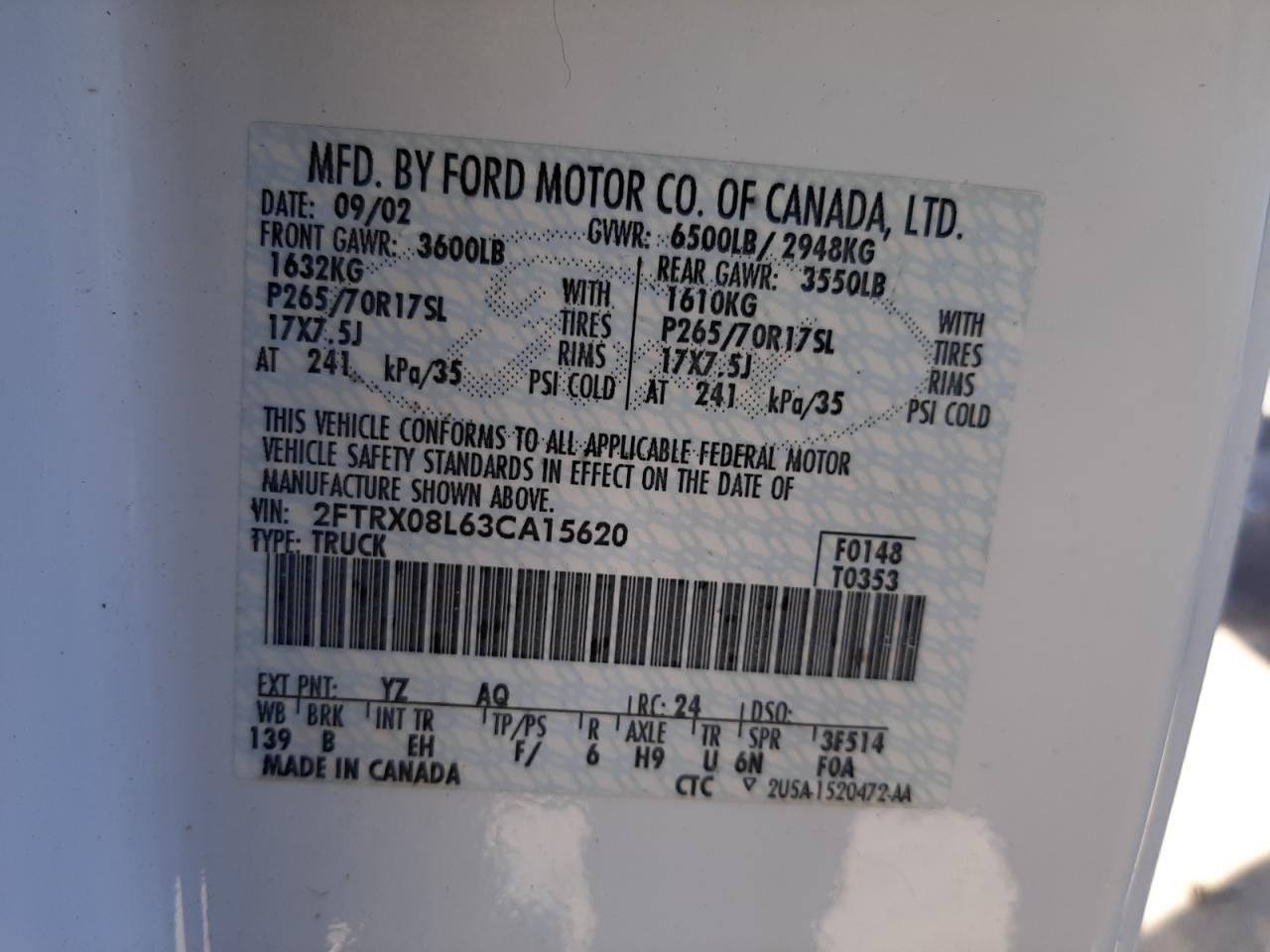 Photo 10 from auction – 2003 FORD F150 with VIN 2FTRX08L63CA15620