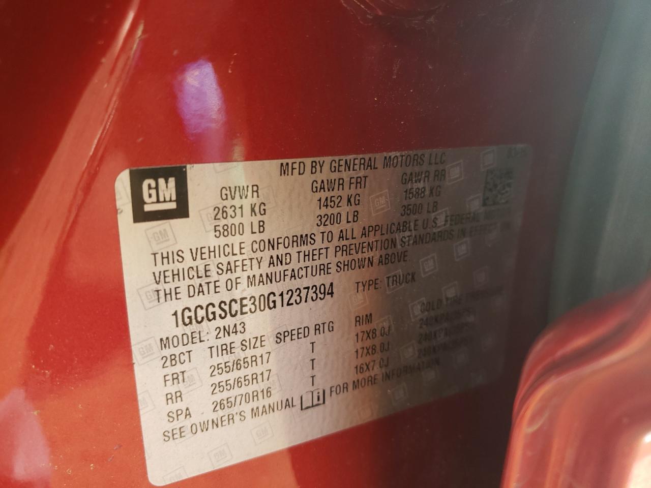Photo 10 from auction – 2016 CHEVROLET COLORADO L with VIN 1GCGSCE30G1237394