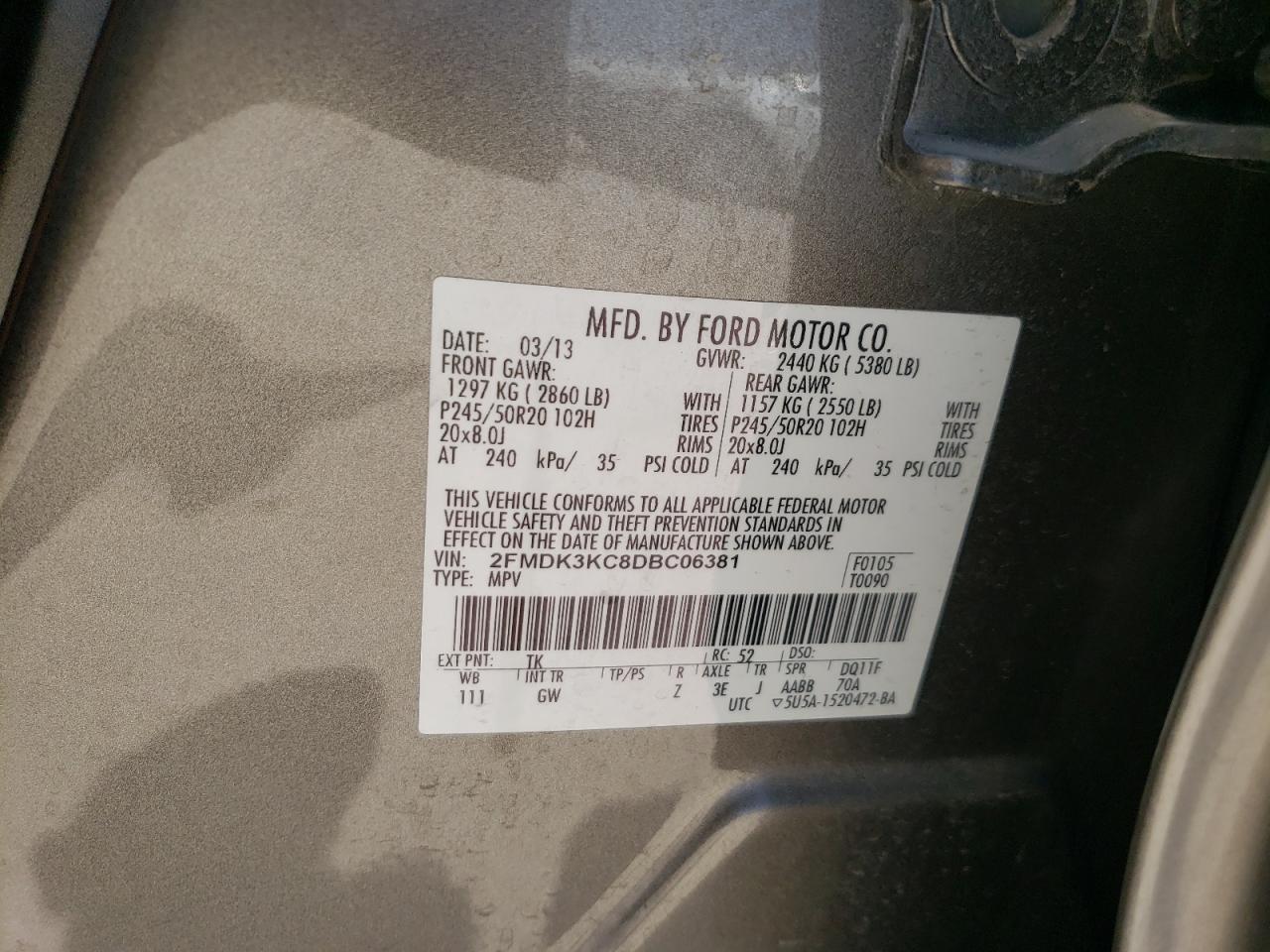 Photo 11 from auction – 2013 FORD EDGE LIMIT with VIN 2FMDK3KC8DBC06381