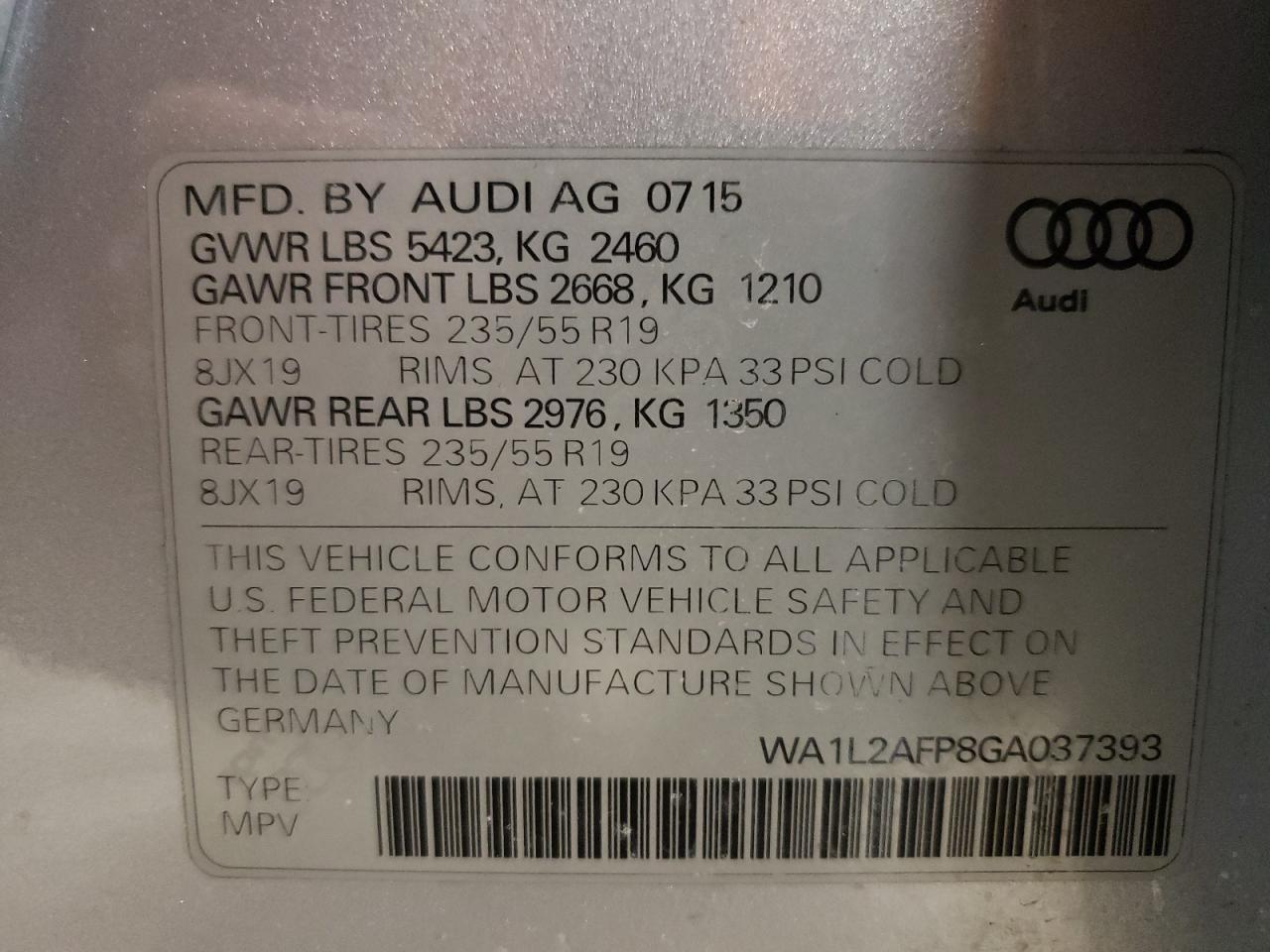 Photo 10 from auction – 2016 AUDI Q5 PREMIUM with VIN WA1L2AFP8GA037393