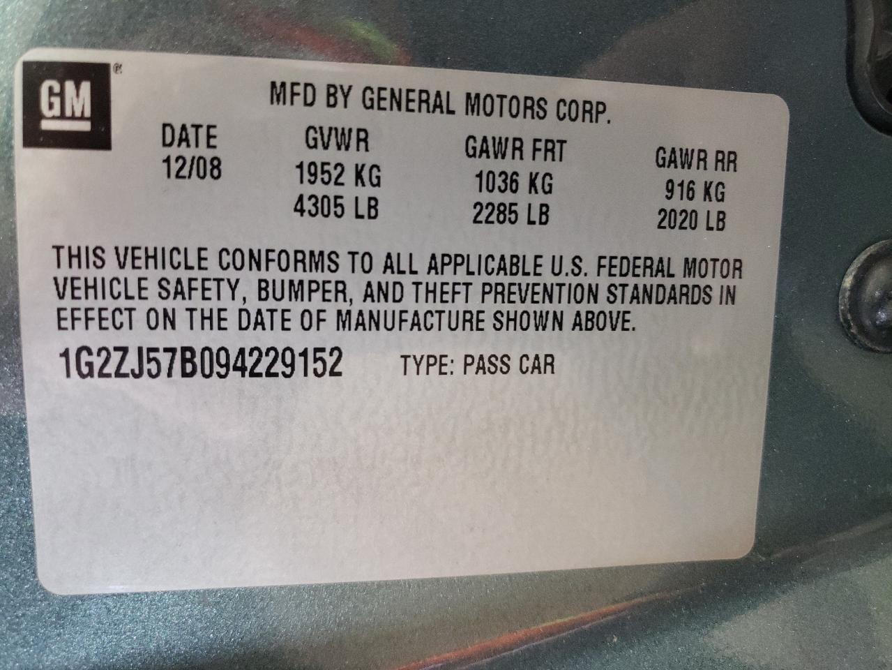 Photo 10 from auction – 2009 PONTIAC G6 with VIN 1G2ZJ57B094229152