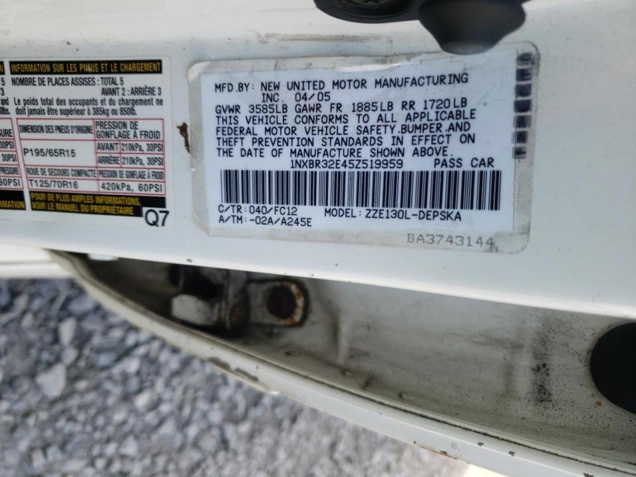 Photo 10 from auction – 2005 TOYOTA COROLLA CE with VIN 1NXBR32E45Z519959