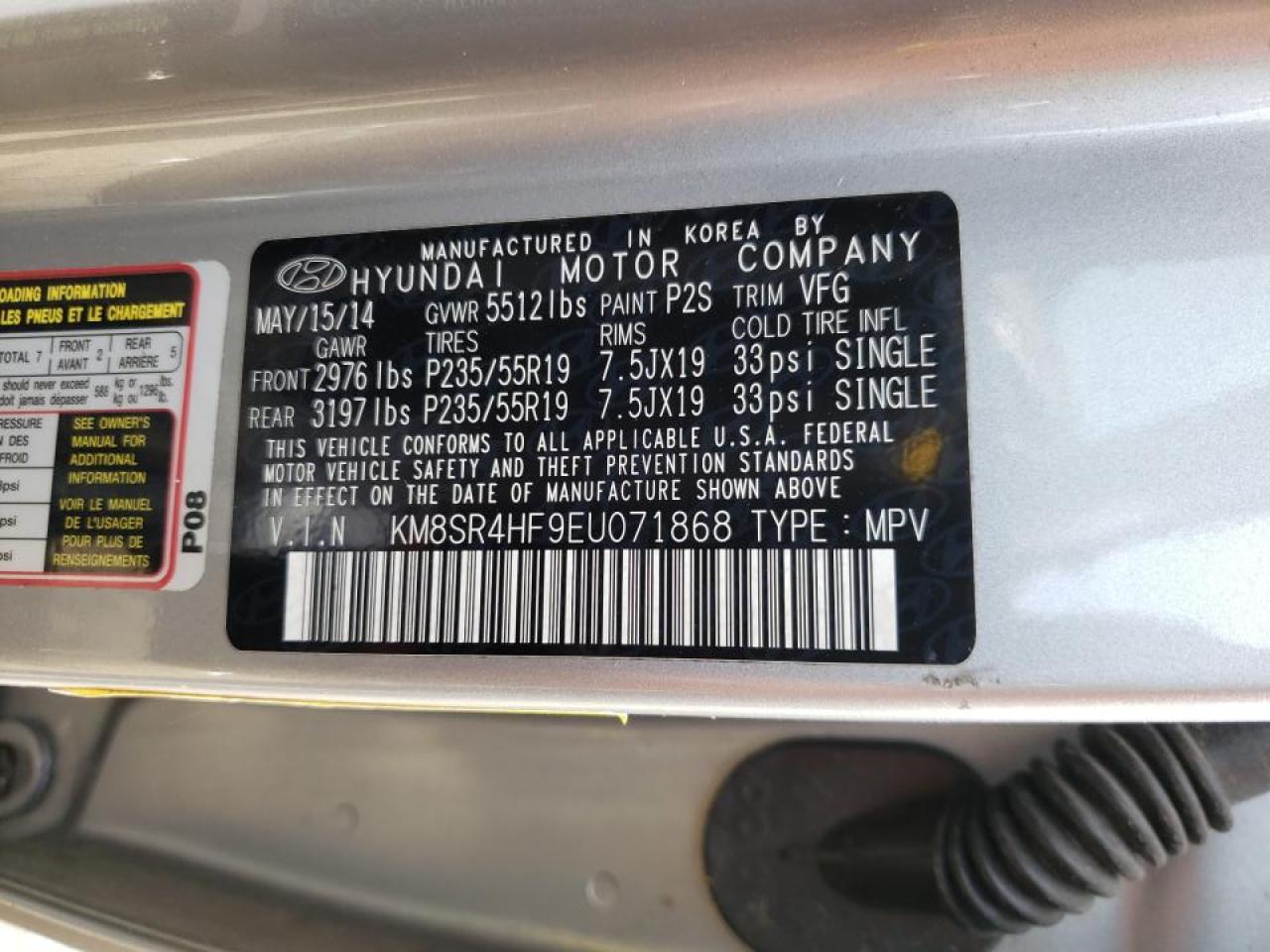 Photo 10 from auction – 2014 HYUNDAI SANTA FE G with VIN KM8SR4HF9EU071868
