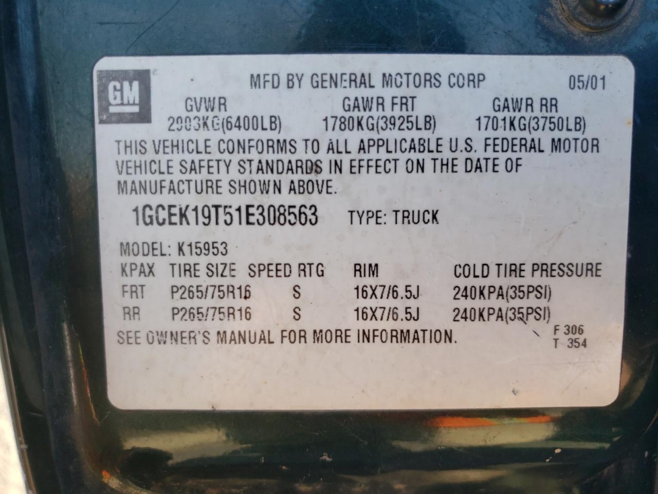 Photo 10 from auction – 2001 CHEVROLET SILVERADO with VIN 1GCEK19T51E308563