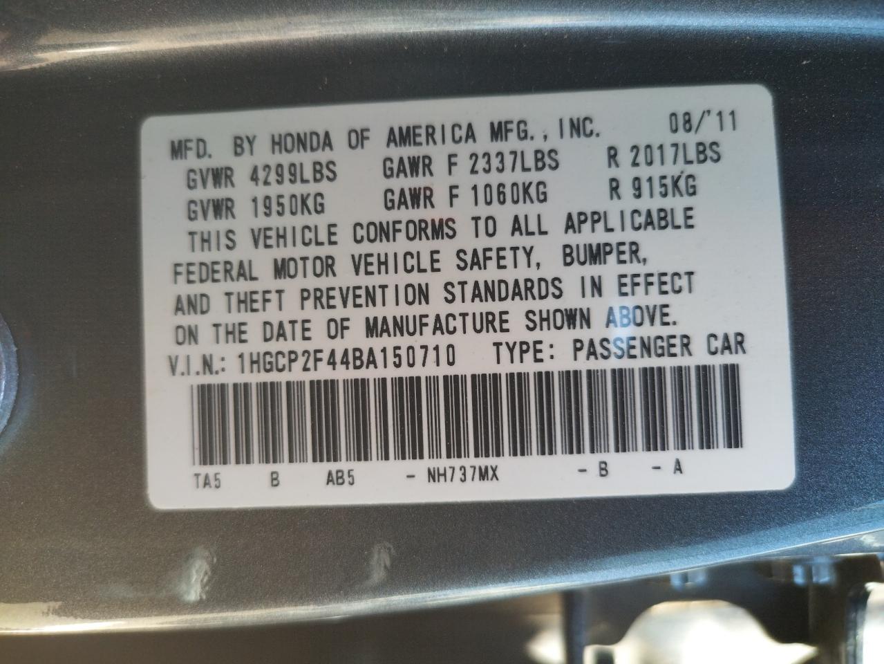 Photo 10 from auction – 2011 HONDA ACCORD LXP with VIN 1HGCP2F44BA150710