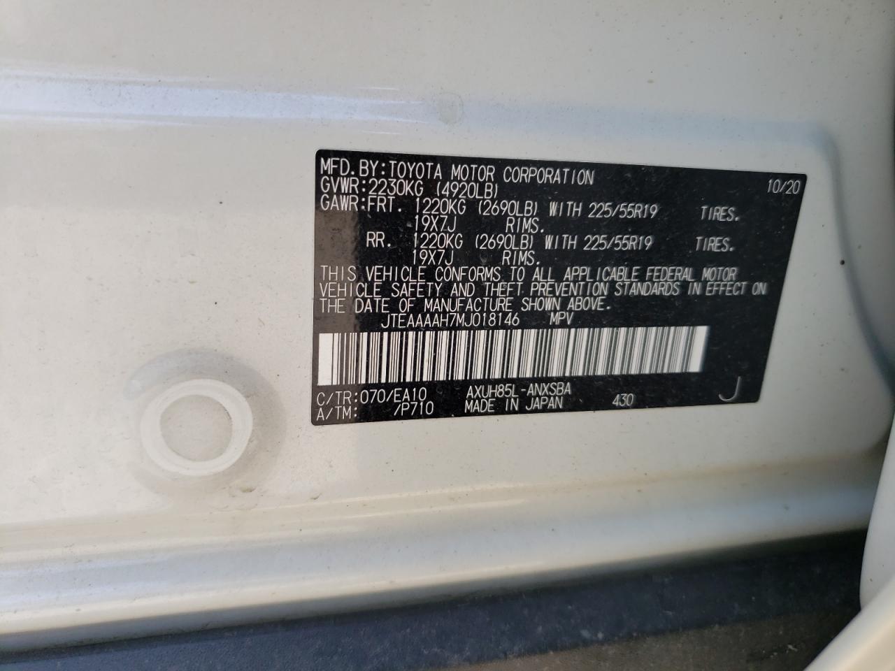 Photo 10 from auction – 2021 TOYOTA VENZA LE with VIN JTEAAAAH7MJ018146
