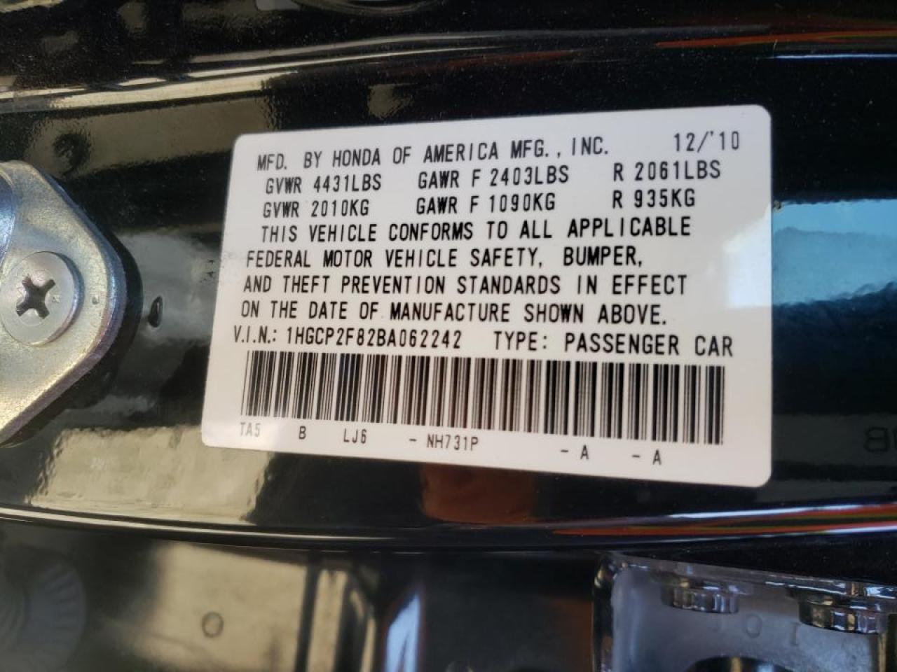 Photo 10 from auction – 2011 HONDA ACCORD EXL with VIN 1HGCP2F82BA062242