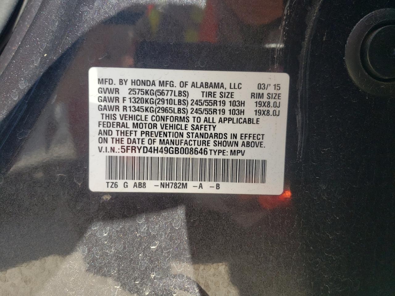 Photo 10 from auction – 2016 ACURA MDX TECHNO with VIN 5FRYD4H49GB008646