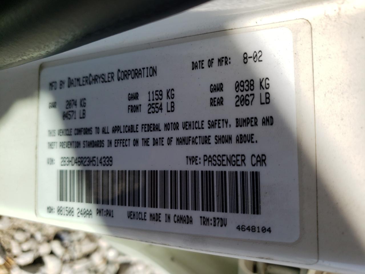 Photo 10 from auction – 2003 DODGE INTREPID S with VIN 2B3HD46R23H514339
