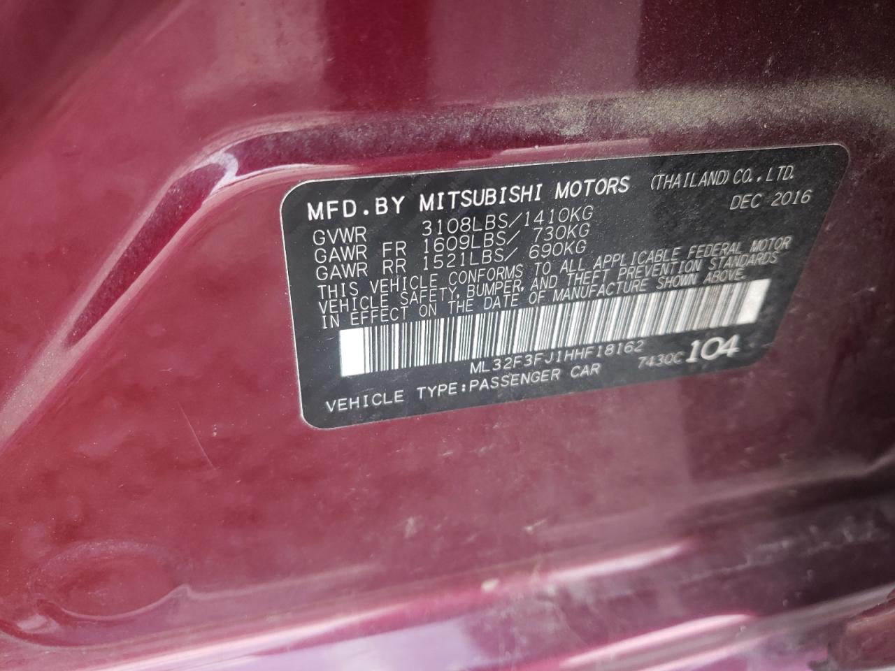 Photo 10 from auction – 2017 MITSUBISHI MIRAGE with VIN ML32F3FJ1HHF18162