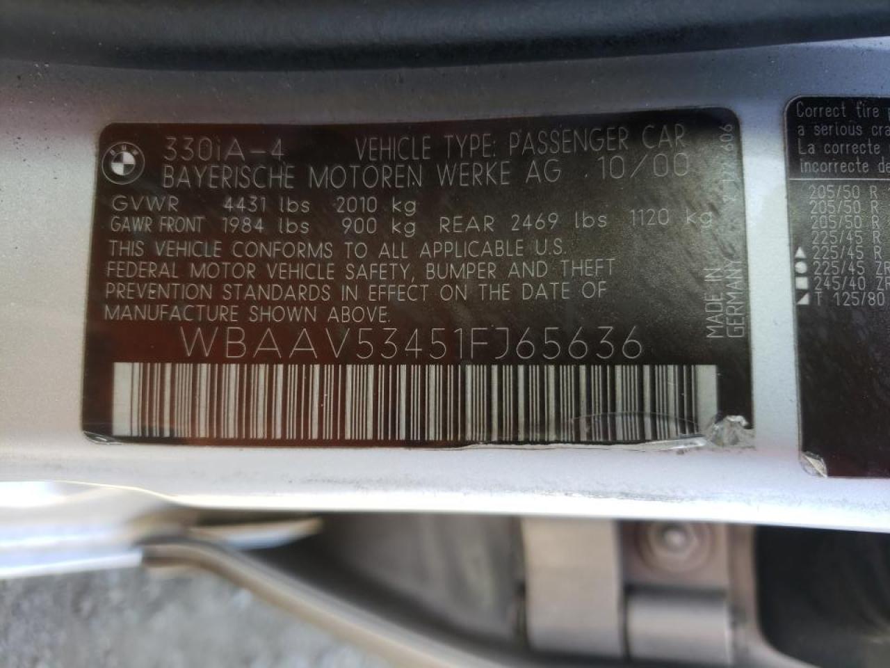 Photo 10 from auction – 2001 BMW 330 I with VIN WBAAV53451FJ65636