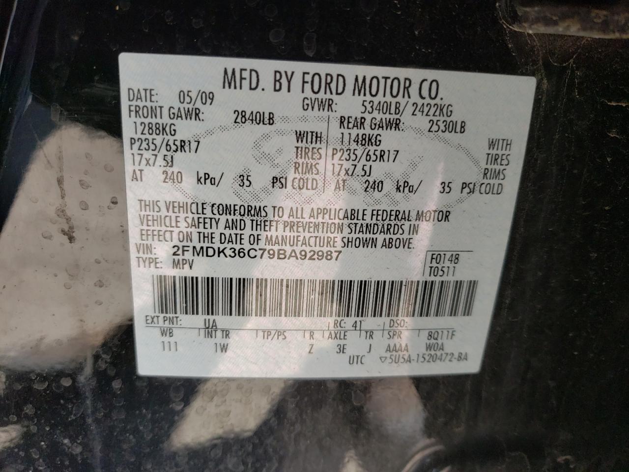 Photo 10 from auction – 2009 FORD EDGE SE with VIN 2FMDK36C79BA92987
