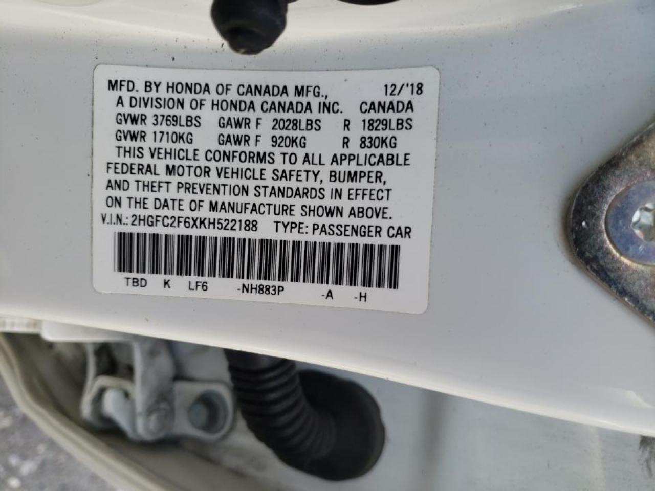 Photo 10 from auction – 2019 HONDA CIVIC LX with VIN 2HGFC2F6XKH522188