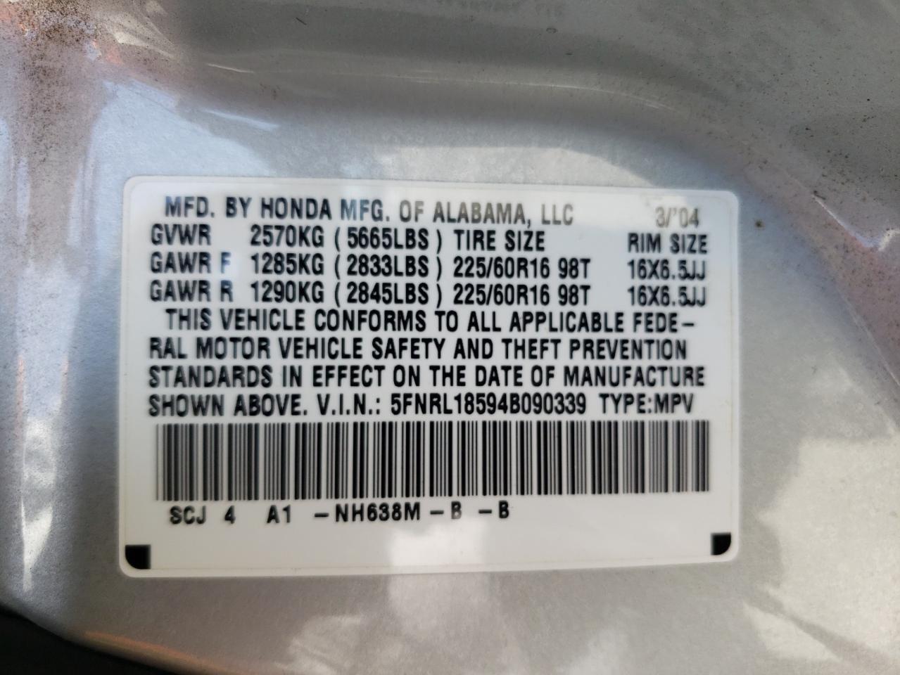 Photo 10 from auction – 2004 HONDA ODYSSEY LX with VIN 5FNRL18594B090339