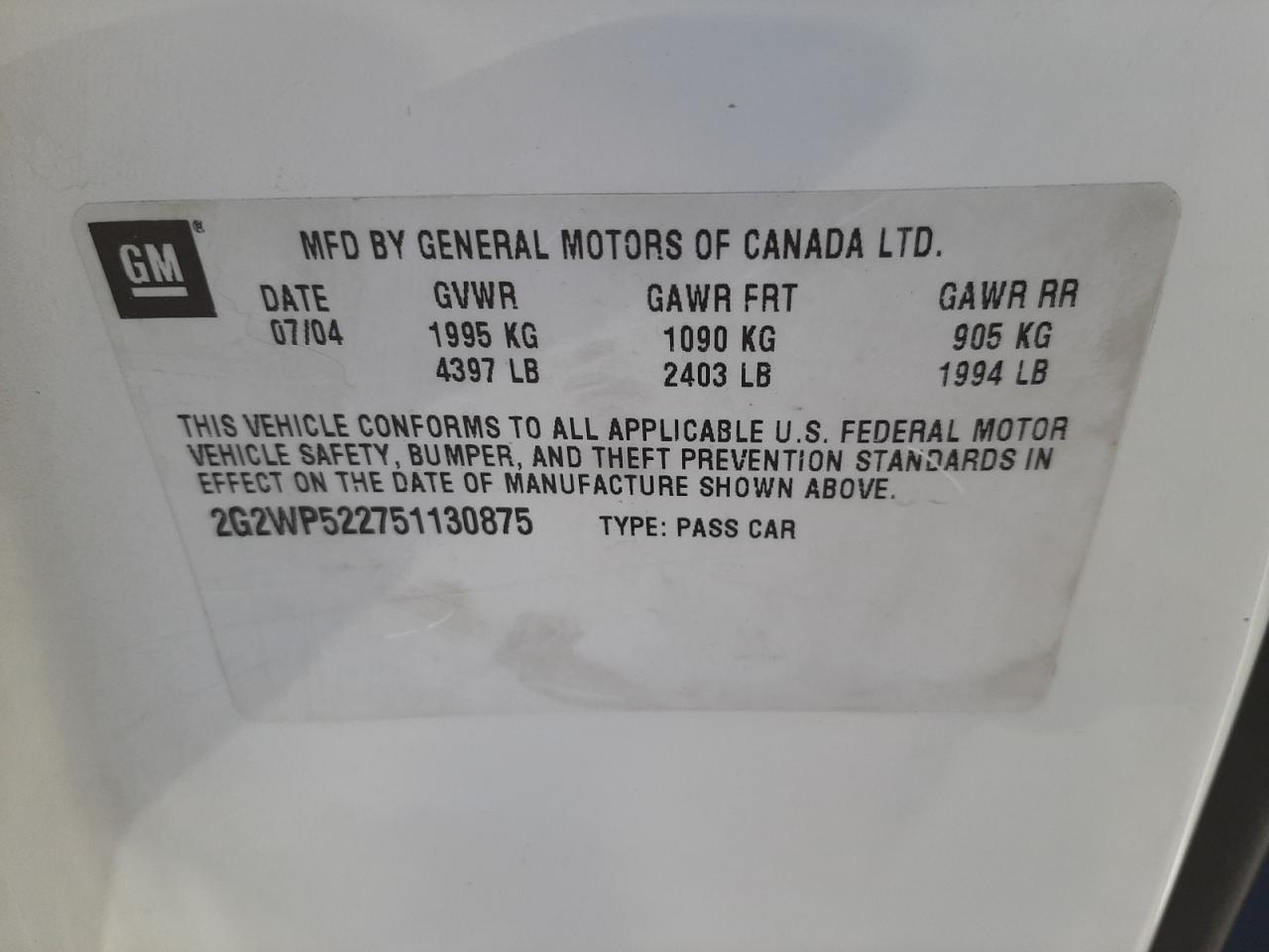 Photo 10 from auction – 2005 PONTIAC GRAND PRIX with VIN 2G2WP522751130875