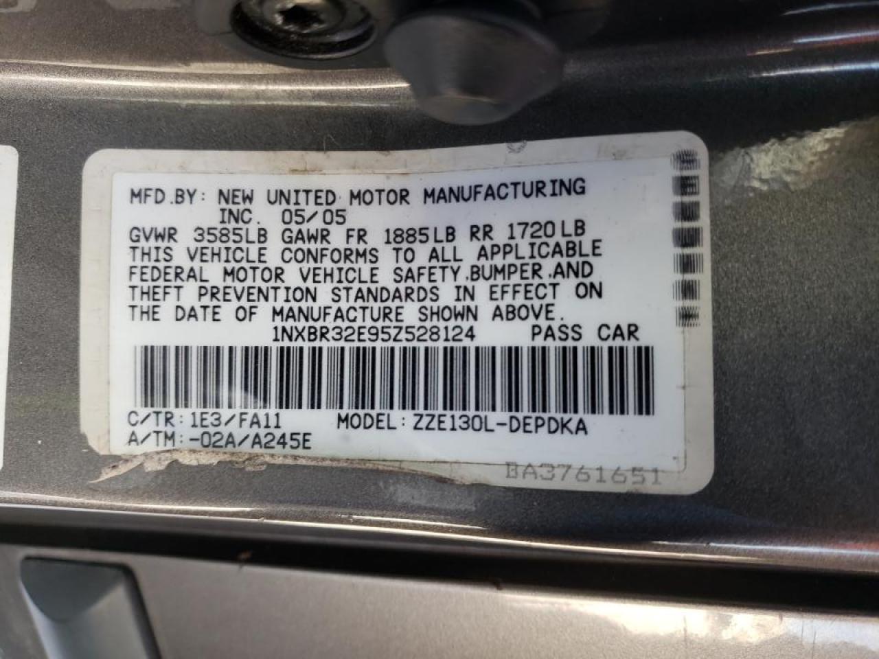 Photo 10 from auction – 2005 TOYOTA COROLLA CE with VIN 1NXBR32E95Z528124