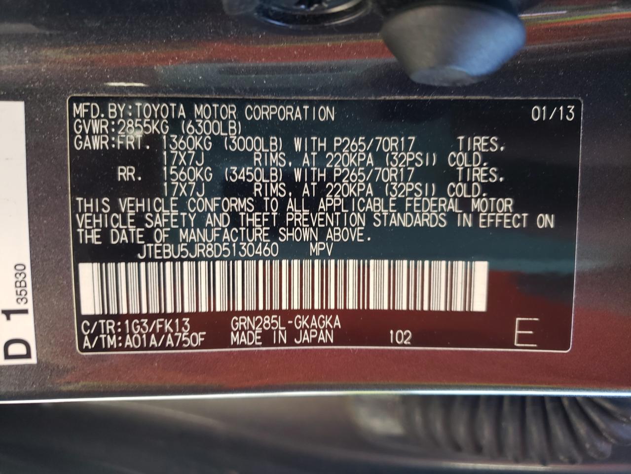 Photo 10 from auction – 2013 TOYOTA 4RUNNER SR with VIN JTEBU5JR8D5130460