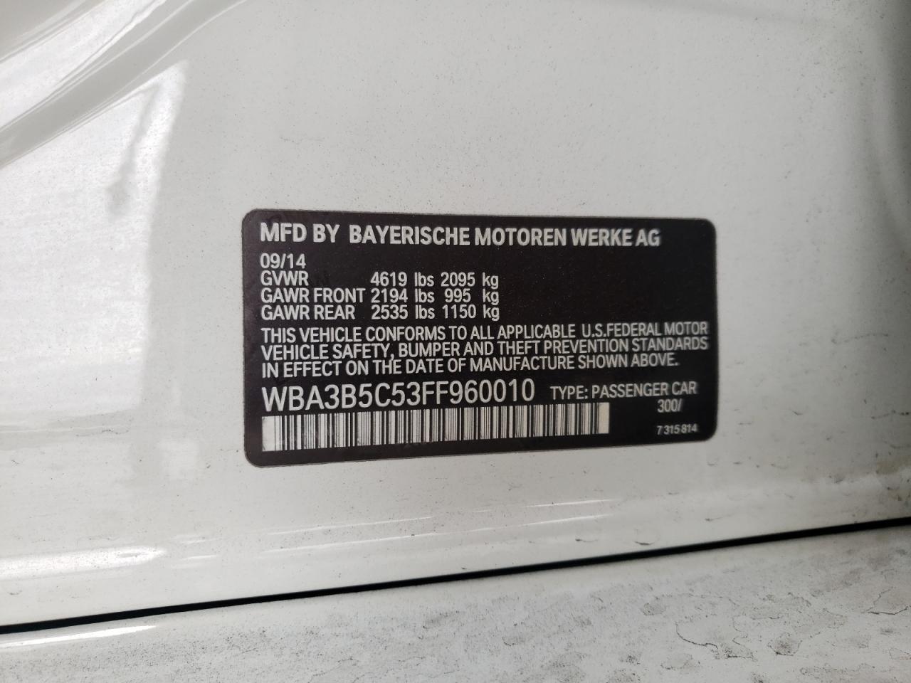 Photo 10 from auction – 2015 BMW 328 XI SUL with VIN WBA3B5C53FF960010