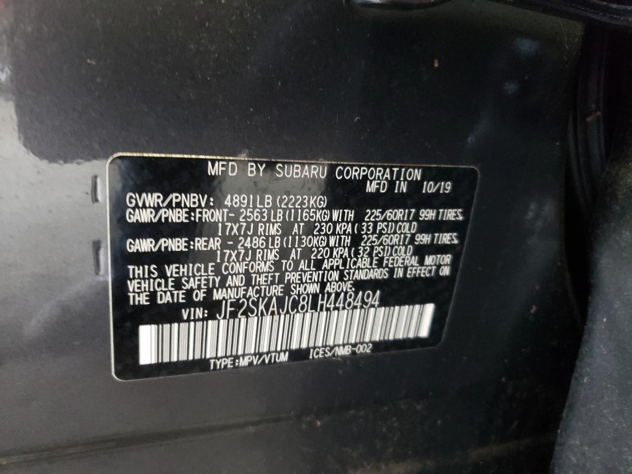 Photo 10 from auction – 2020 SUBARU FORESTER P with VIN JF2SKAJC8LH448494