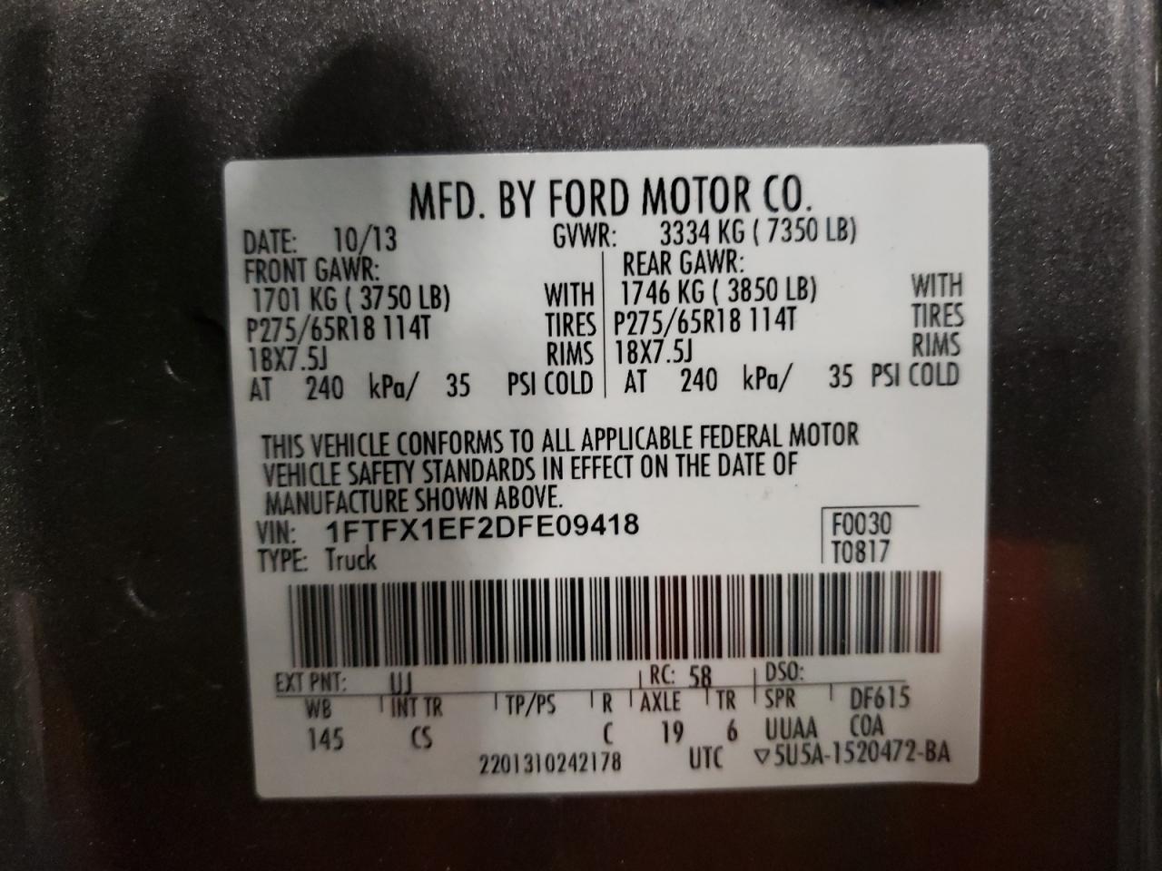 Photo 10 from auction – 2013 FORD F150 SUPER with VIN 1FTFX1EF2DFE09418