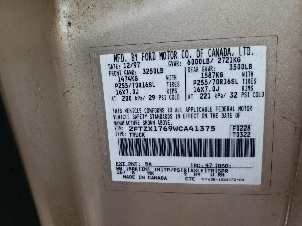 Photo 10 from auction – 1998 FORD F150 with VIN 2FTZX1769WCA41375