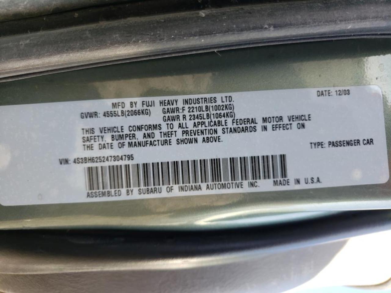 Photo 10 from auction – 2004 SUBARU LEGACY L S with VIN 4S3BH625247304795