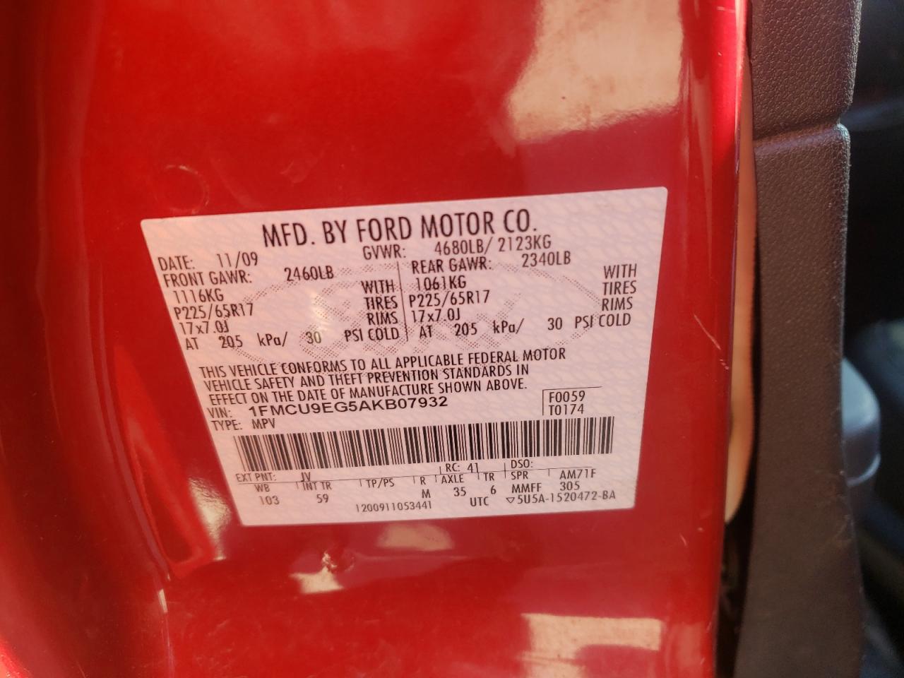 Photo 10 from auction – 2010 FORD ESCAPE LIM with VIN 1FMCU9EG5AKB07932