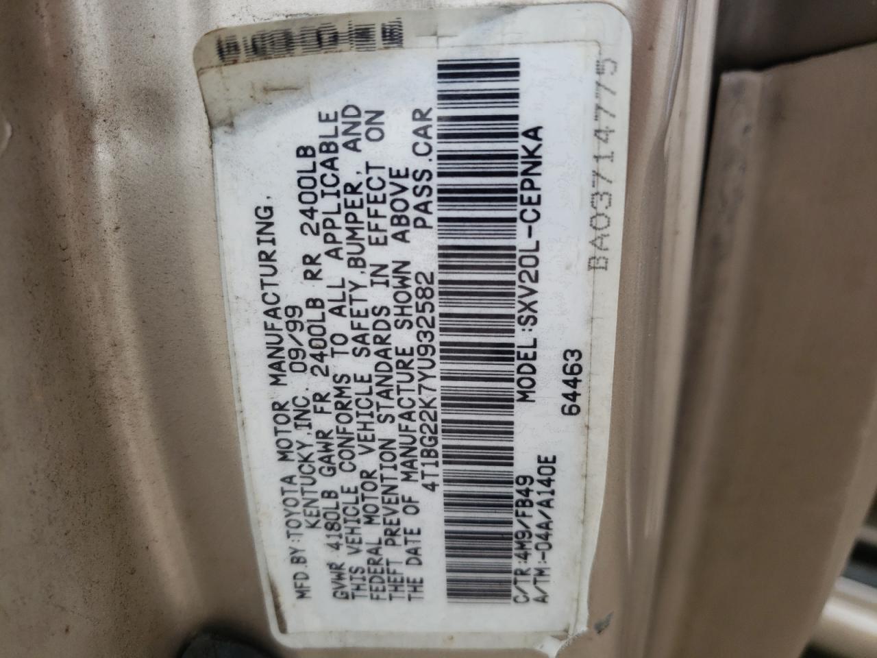 Photo 10 from auction – 2000 TOYOTA CAMRY CE with VIN 4T1BG22K7YU932582