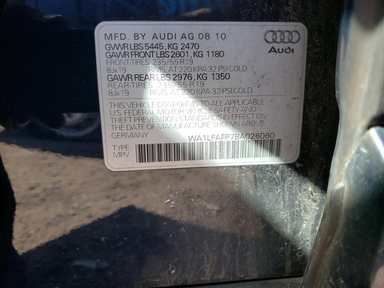Photo 10 from auction – 2011 AUDI Q5 PREMIUM with VIN WA1LFAFP7BA026060
