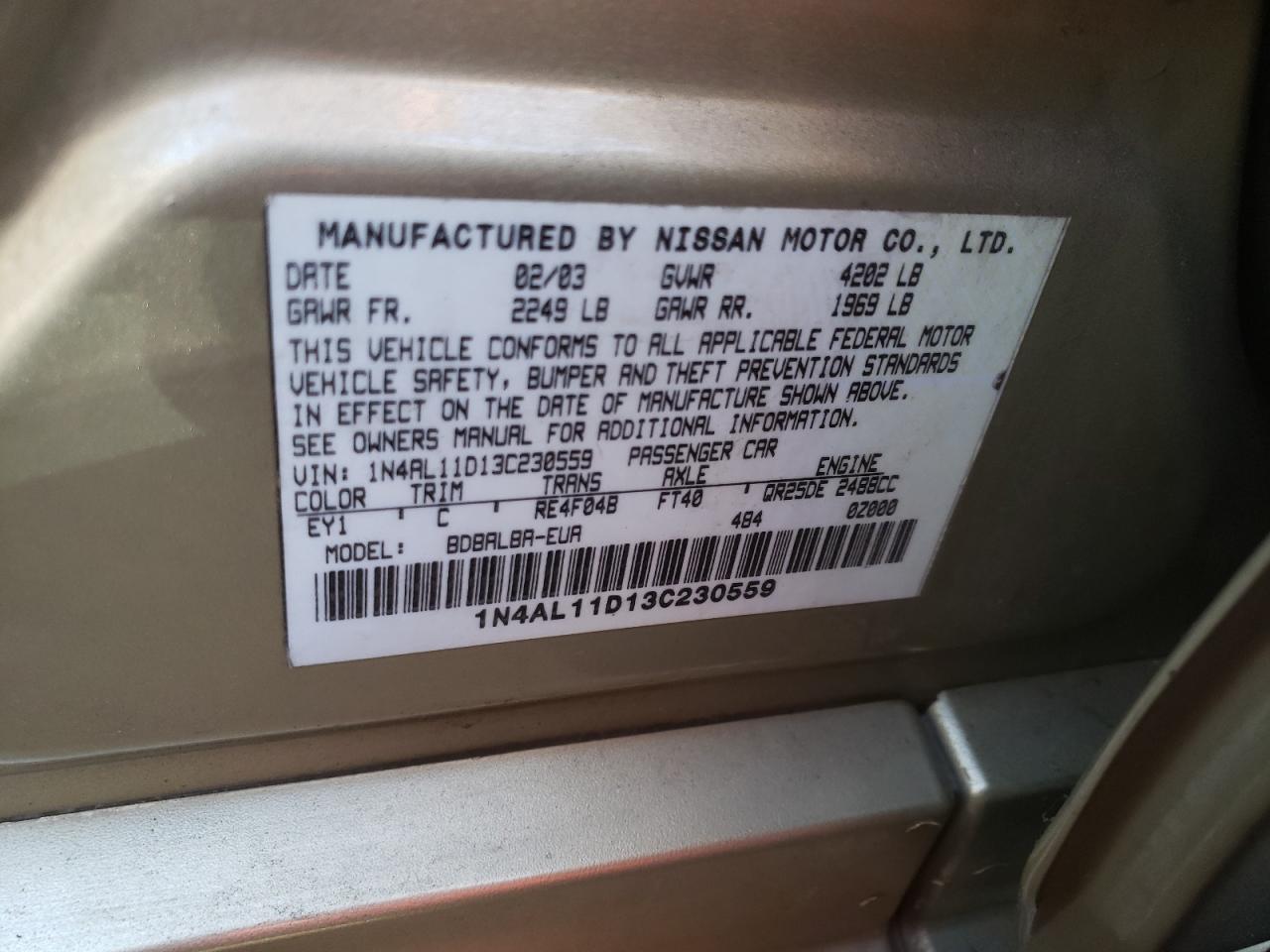Photo 10 from auction – 2003 NISSAN ALTIMA BAS with VIN 1N4AL11D13C230559