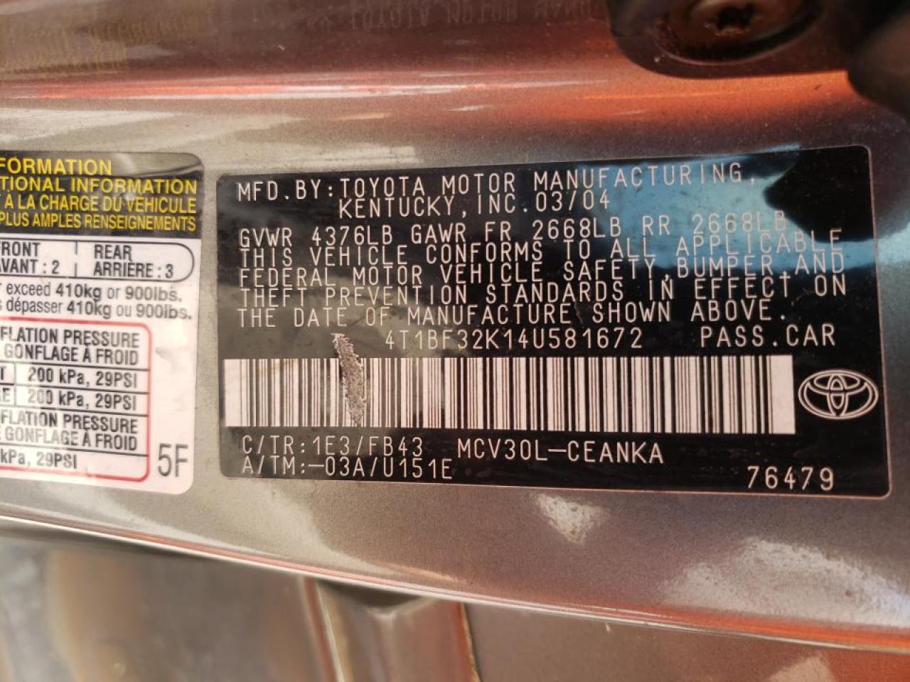 Photo 10 from auction – 2004 TOYOTA CAMRY LE with VIN 4T1BF32K14U581672