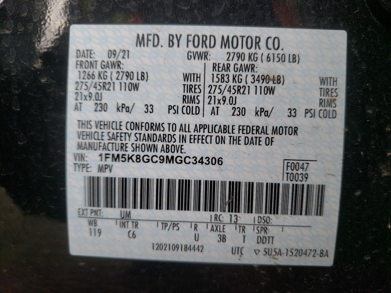 Photo 10 from auction – 2021 FORD EXPLORER S with VIN 1FM5K8GC9MGC34306