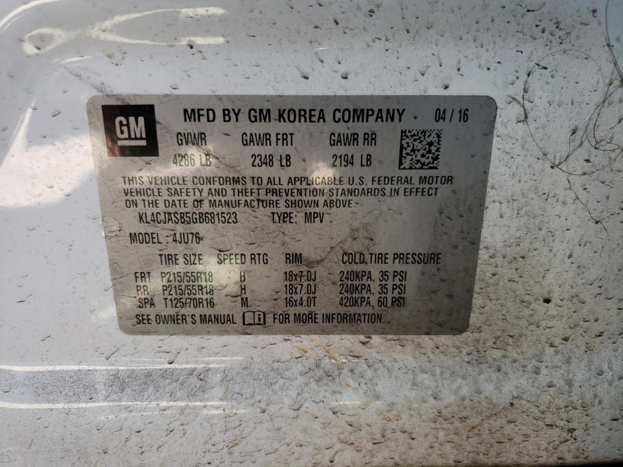 Photo 10 from auction – 2016 BUICK ENCORE with VIN KL4CJASB5GB681523