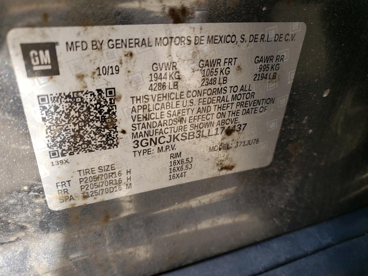Photo 10 from auction – 2020 CHEVROLET TRAX LS with VIN 3GNCJKSB3LL174437
