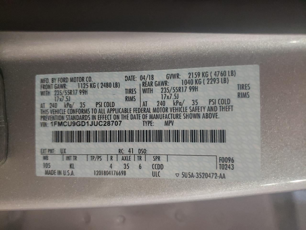 Photo 10 from auction – 2018 FORD ESCAPE SE with VIN 1FMCU9GD1JUC28707
