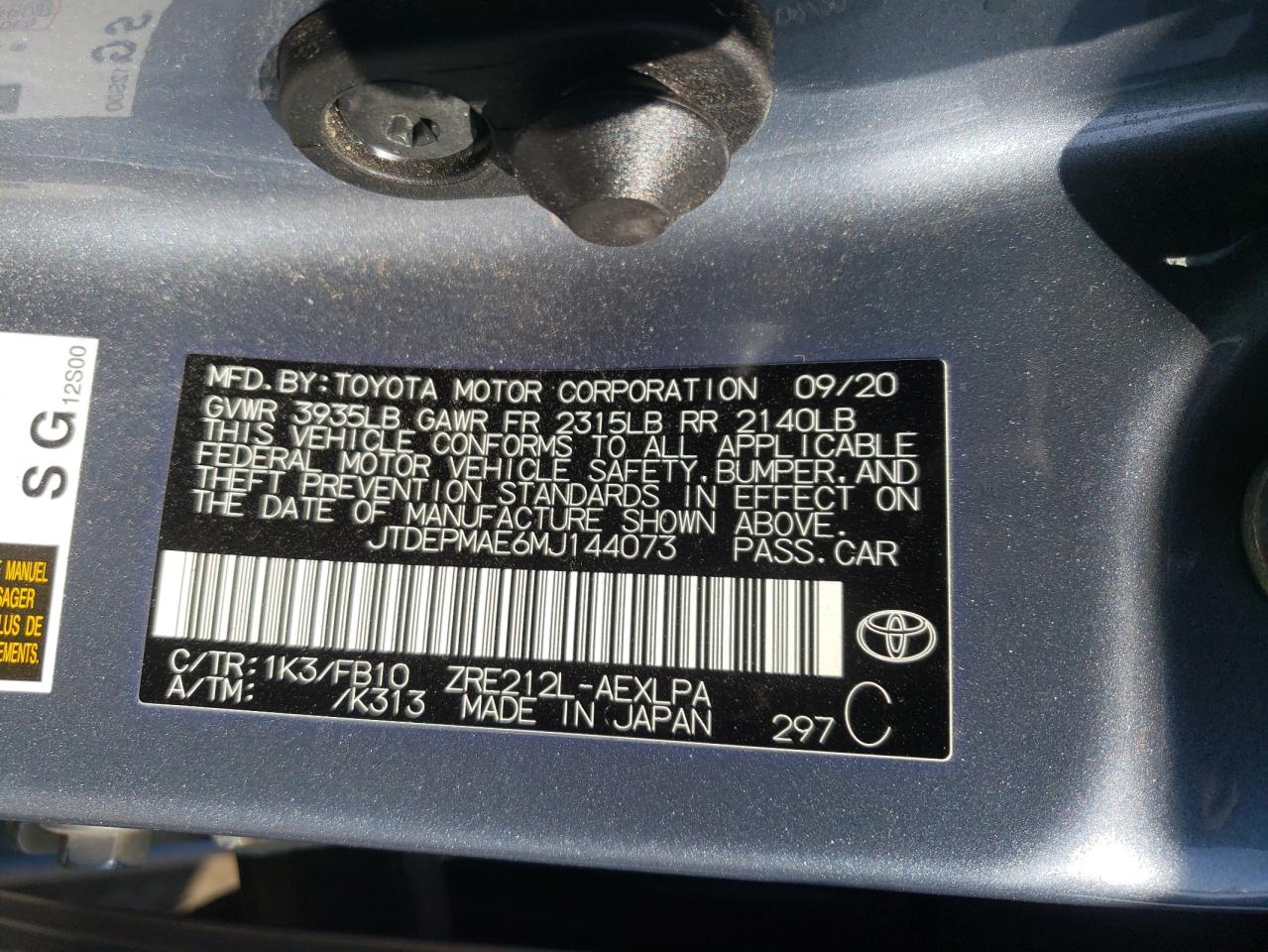 Photo 10 from auction – 2021 TOYOTA COROLLA LE with VIN JTDEPMAE6MJ144073