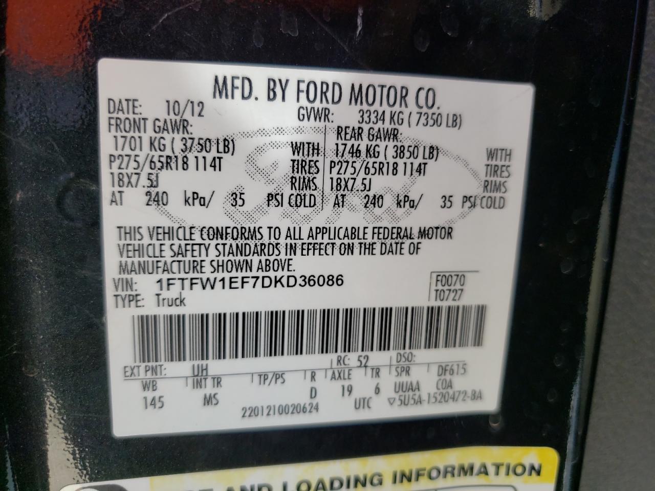 Photo 10 from auction – 2013 FORD F150 SUPER with VIN 1FTFW1EF7DKD36086