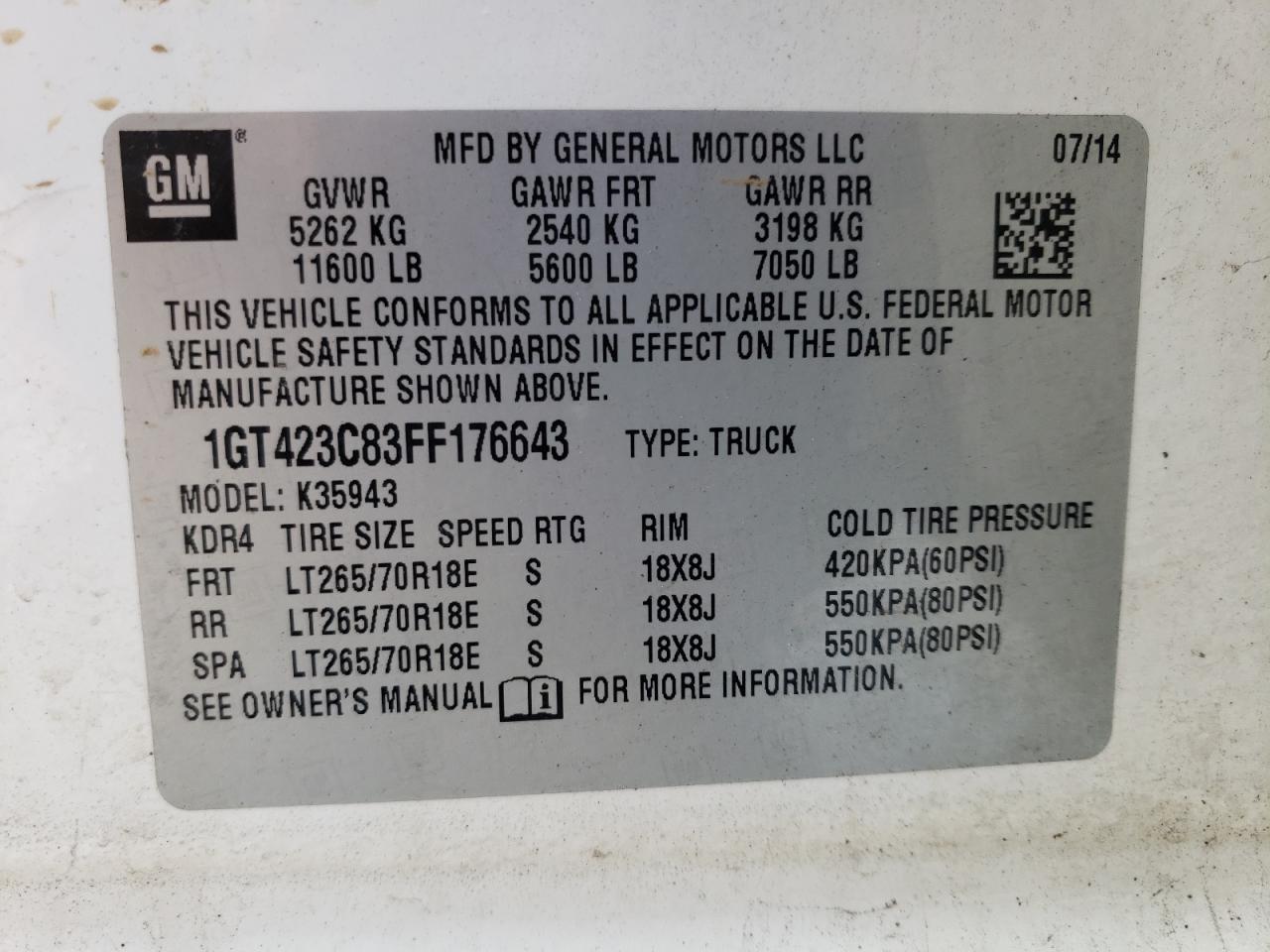 Photo 10 from auction – 2015 GMC SIERRA K35 with VIN 1GT423C83FF176643