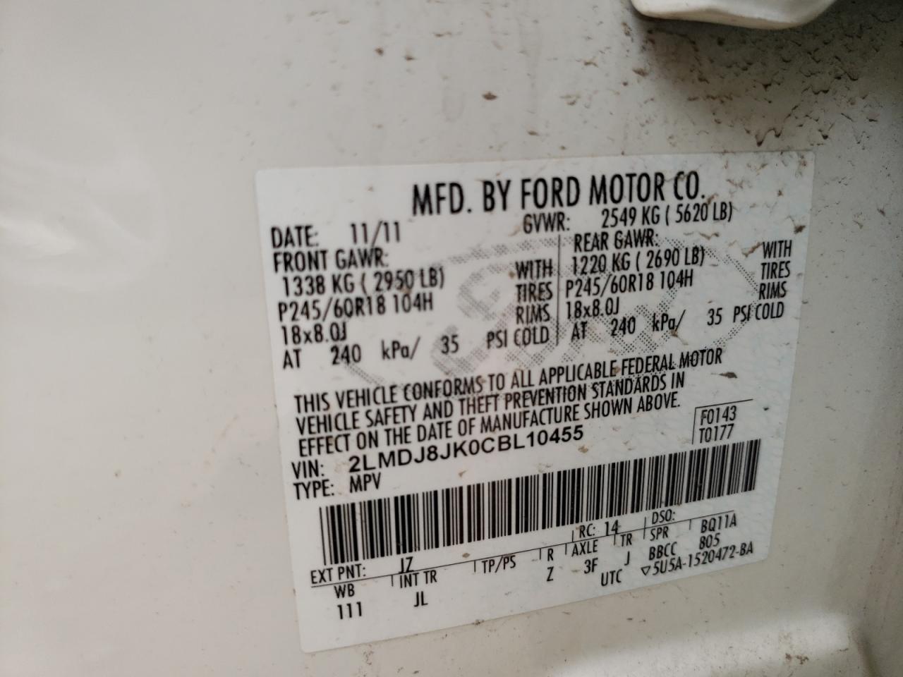 Photo 10 from auction – 2012 LINCOLN MKX with VIN 2LMDJ8JK0CBL10455