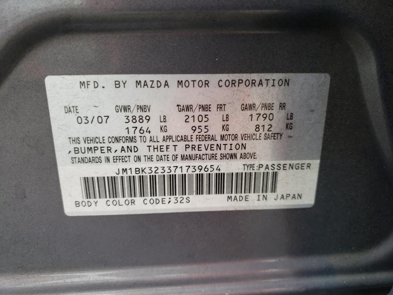 Фото 10 с аукциона – 2007 MAZDA 3 S с VIN JM1BK323371739654